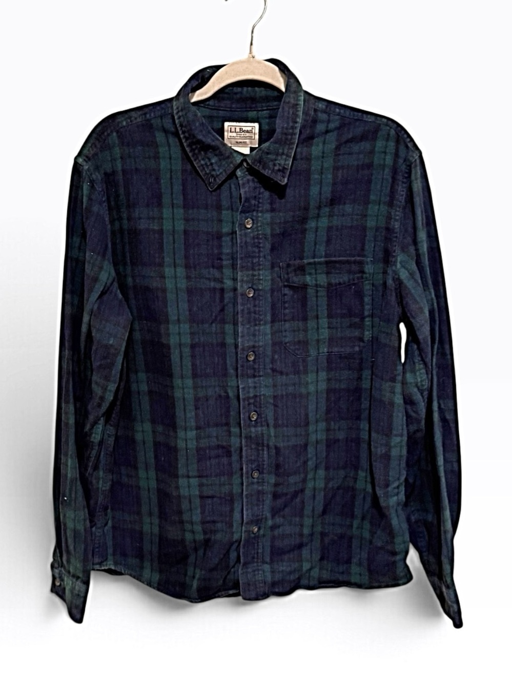 LL Bean Black Watch Plaid Flannel Shirt Slim Fit Cotton Long Sleeve Mens Size L